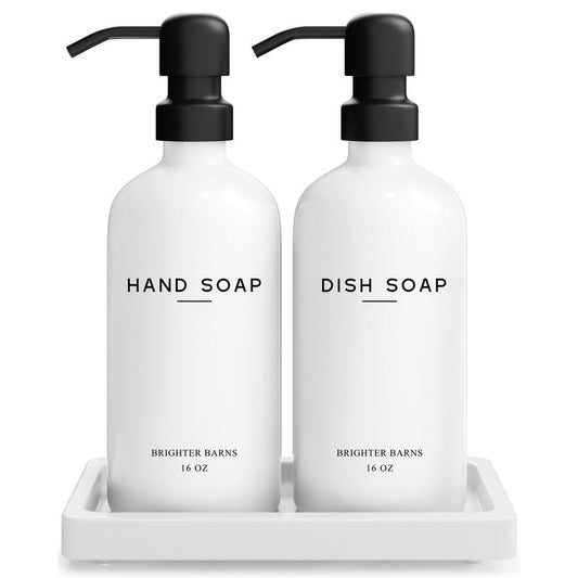 White Glass Hand and Dish Soap Dispenser Set by Brighter Barns - Kitchen Soap Dispenser Set with Tray for Kitchen, Home or Vacation Rental - Modern Kitchen Decor & Accessories (White)