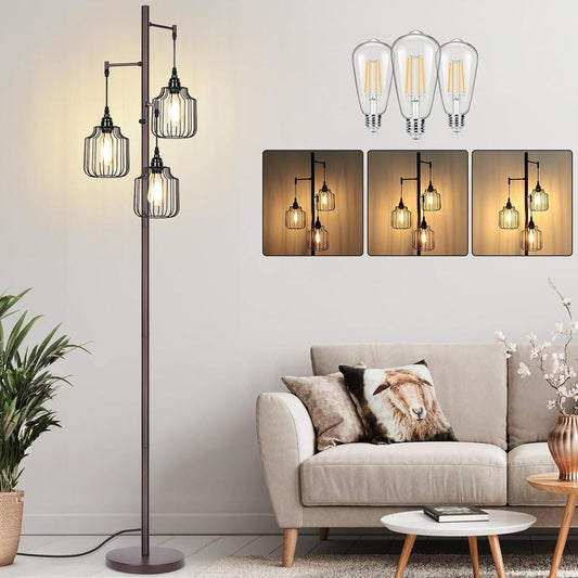 Dimmable Floor Lamp with 3 X 800LM LED Edison Bulbs, Tall Standing Lamp for Living Room, Farmhouse Corner Floor Lamp,Bright Industrial Rustic Vintage Tree Pole Light with Cage for Bedroom Office